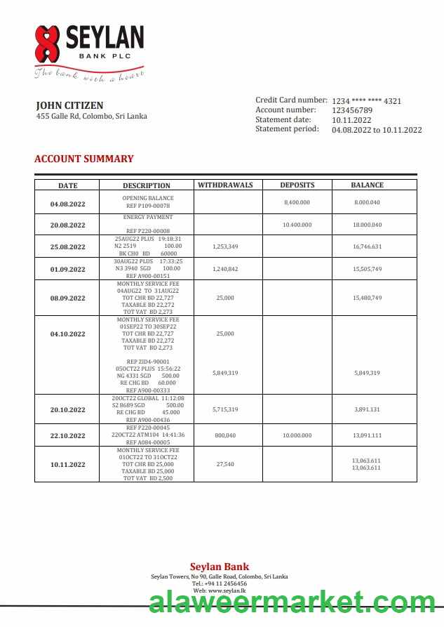 Sri Lanka Seylan bank statement